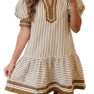 Women's Brown Stripe Ruffle Hem Mini Dress – Casual Shift - Main View