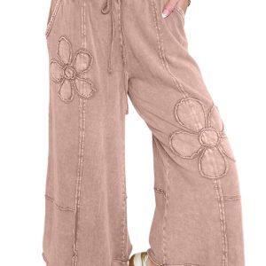 Women's Buckskin Floral Patch Cropped Wide Leg Pants – Casual High Waist Terry Knit for Daily Wear - Main View