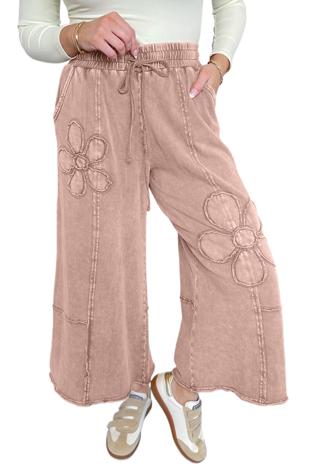 Women's Buckskin Floral Patch Cropped Wide Leg Pants – Casual High Waist Terry Knit for Daily Wear - Main View Women's Buckskin Floral Patch Cropped Wide Leg Pants – Casual High Waist Terry Knit for Daily Wear - Main View