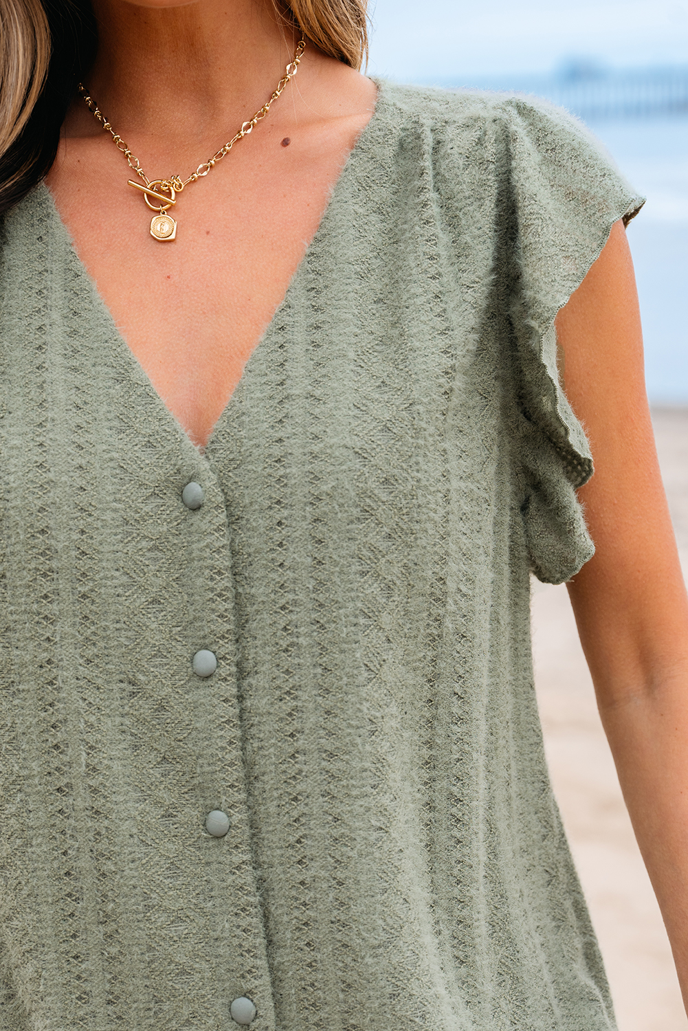 Women's Stylish Laurel Green Sheath Top with Flattering V Neck and Lace Details - Detail View 7 Women's Stylish Laurel Green Sheath Top with Flattering V Neck and Lace Details - Detail View 7