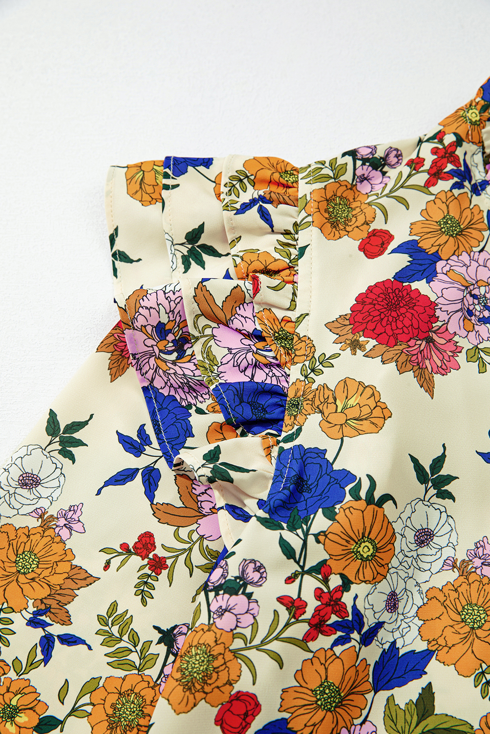 Women's Apricot Floral Blouse with Ruffled Shoulders - Long Sleeve V Neck Top - Detail View 9 Women's Apricot Floral Blouse with Ruffled Shoulders - Long Sleeve V Neck Top - Detail View 9