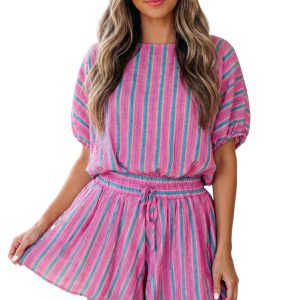 Women's Pink Stripe Dolman Short Set – Loose Casual Blouse & High Waist Shorts for Summer Daily Wear - Main View