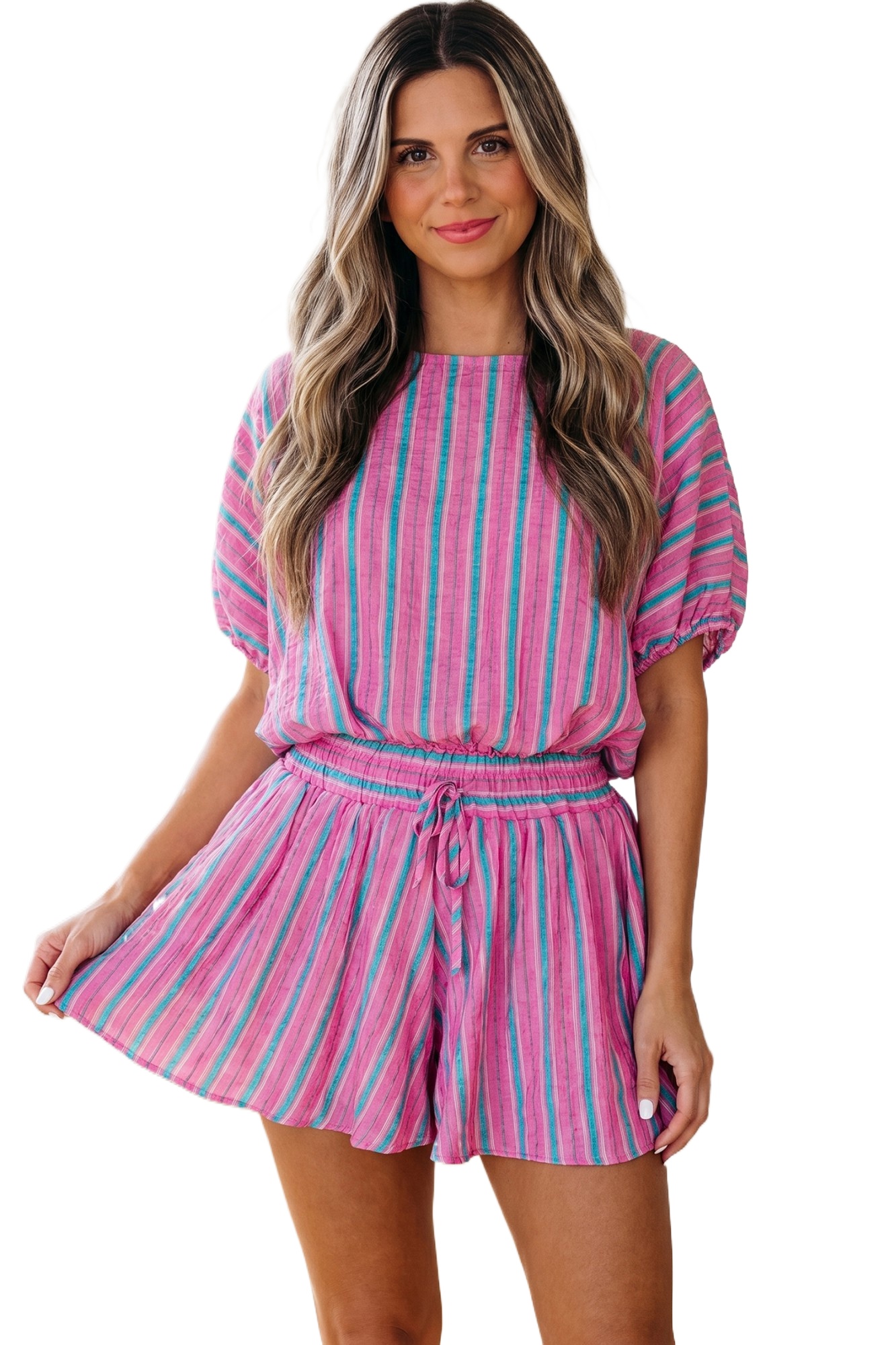 Women's Pink Stripe Dolman Short Set – Loose Casual Blouse & High Waist Shorts for Summer Daily Wear - Main View Women's Pink Stripe Dolman Short Set – Loose Casual Blouse & High Waist Shorts for Summer Daily Wear - Main View