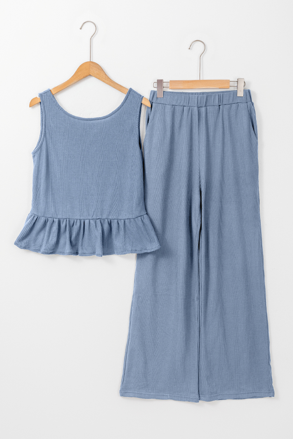 Casual Summer Loungewear Set - Ribbed Texture Tank Top and High-Waisted Pants in Beau Blue - Detail View 11 Casual Summer Loungewear Set - Ribbed Texture Tank Top and High-Waisted Pants in Beau Blue - Detail View 11