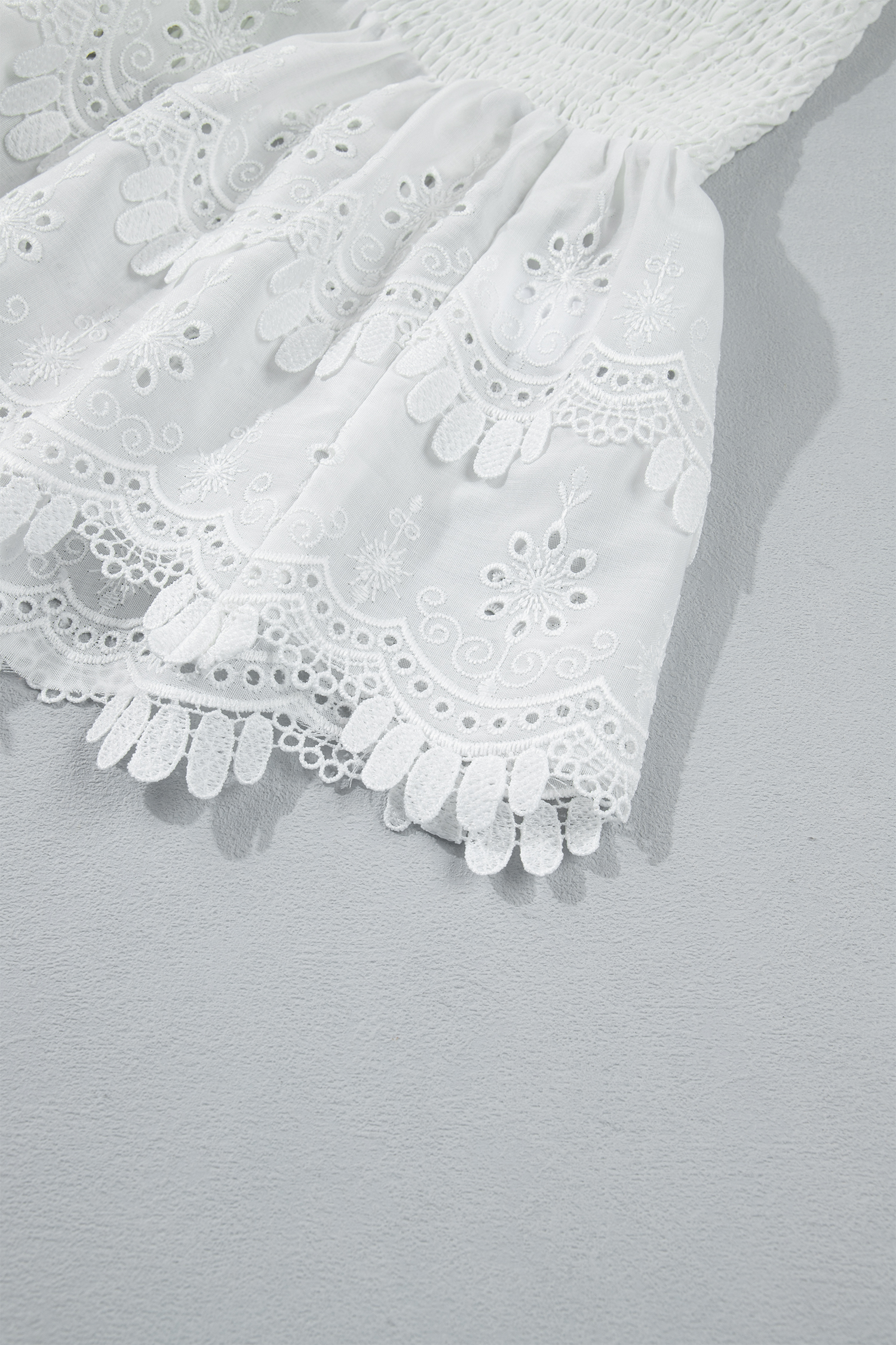Sleeveless White Lace Peplum Top – Smocked Fit and Flare Tank - Detail View 8 Sleeveless White Lace Peplum Top – Smocked Fit and Flare Tank - Detail View 8