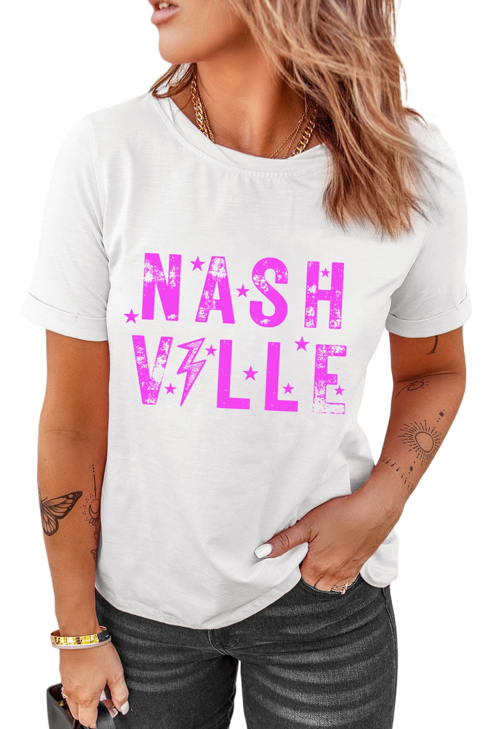 Unisex White NASHVILLE Star Graphic Crewneck T-Shirt - Perfect for Music Lovers - Main View Unisex White NASHVILLE Star Graphic Crewneck T-Shirt - Perfect for Music Lovers - Main View