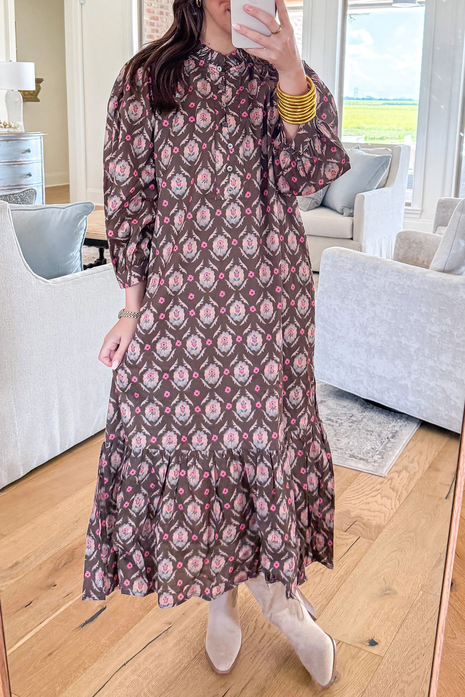 Autumn Floral Print Midi Dress, Button Front Southern Belle - Detail View 2 Autumn Floral Print Midi Dress, Button Front Southern Belle - Detail View 2