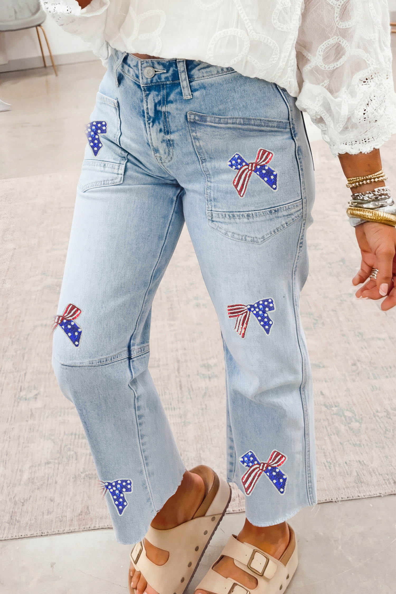 Festive Patriotic Denim for Women - Sequin Bow Ankle-Length Shift Jeans, High Waist Casual Blue Pants - Detail View 3 Festive Patriotic Denim for Women - Sequin Bow Ankle-Length Shift Jeans, High Waist Casual Blue Pants - Detail View 3
