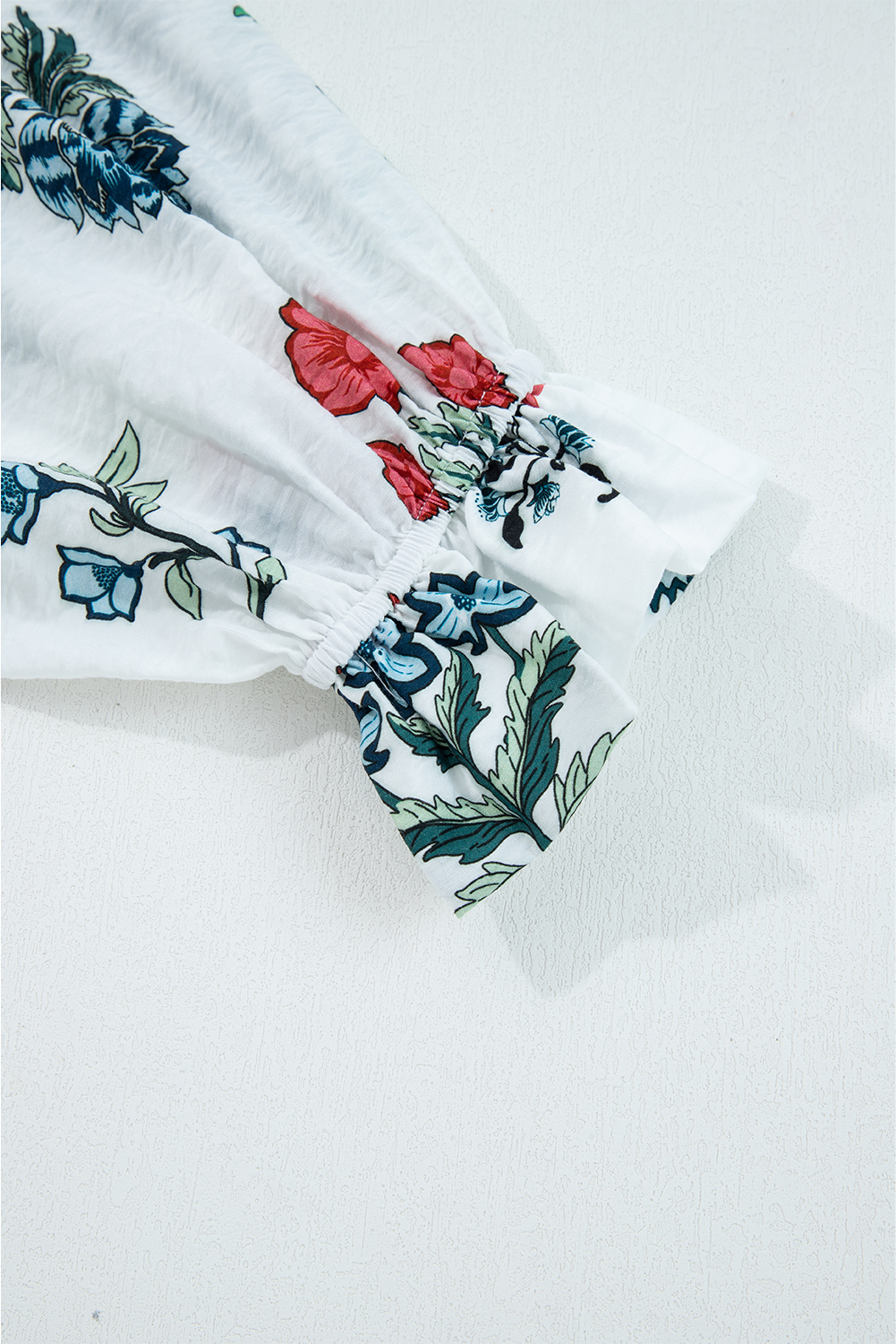 Women's Shirt, White Floral Print, Frilled Collar, V Neck, Button Down, Long Sleeve, Casual Style, Daily Wear, Spring Fashion, Shift Silhouette, Ruffle Detail, Comfortable Blouse - Detail View 8 Women's Shirt, White Floral Print, Frilled Collar, V Neck, Button Down, Long Sleeve, Casual Style, Daily Wear, Spring Fashion, Shift Silhouette, Ruffle Detail, Comfortable Blouse - Detail View 8