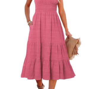 Women's Rose Smocked Midi Dress – Elegant Shirred Sleeveless Summer Dress with Pockets, High Waist Casual Sun Dress - Main View