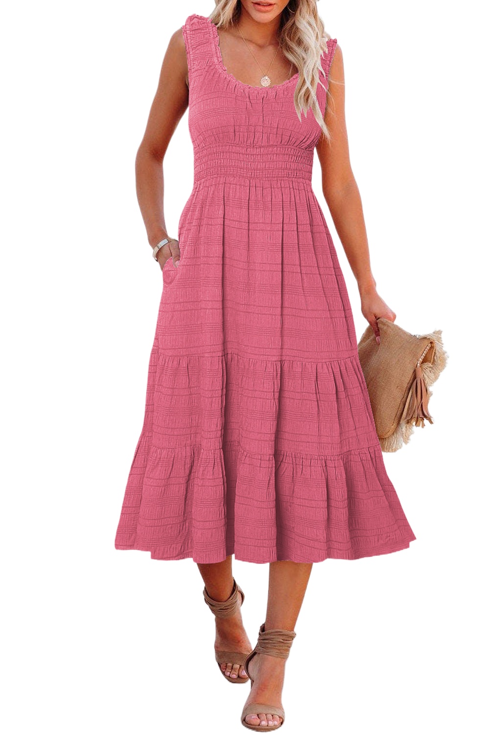 Women's Rose Smocked Midi Dress – Elegant Shirred Sleeveless Summer Dress with Pockets, High Waist Casual Sun Dress - Main View Women's Rose Smocked Midi Dress – Elegant Shirred Sleeveless Summer Dress with Pockets, High Waist Casual Sun Dress - Main View