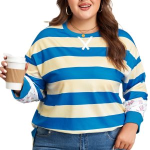 Plus Size Blue Stripe Floral Color Block Drop Shoulder Pullover Top - Main View