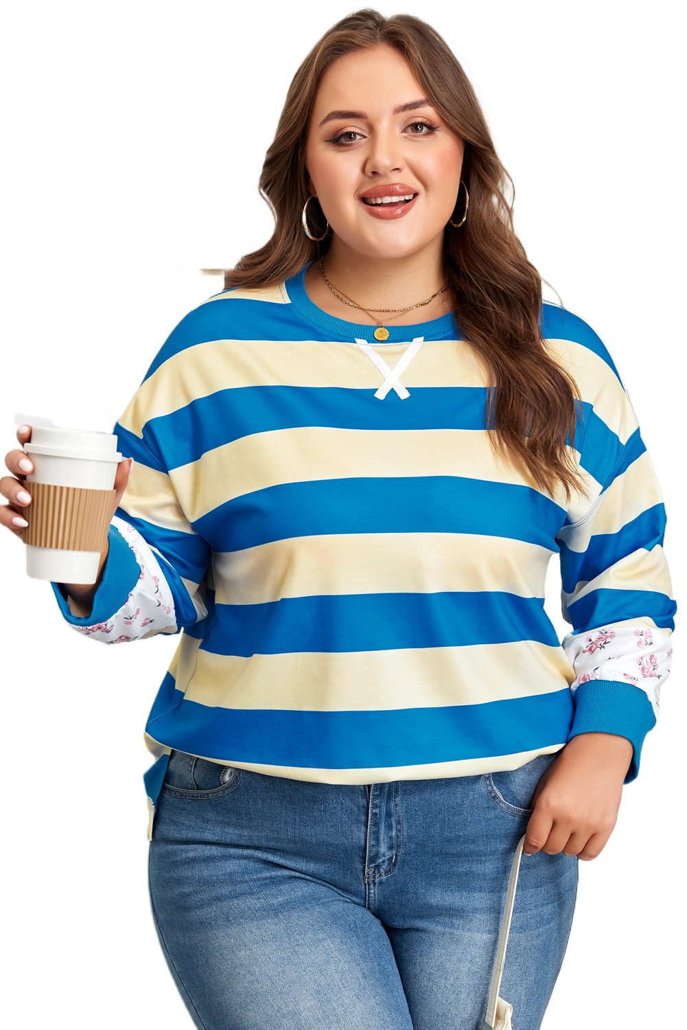 Plus Size Blue Stripe Floral Color Block Drop Shoulder Pullover Top - Main View Plus Size Blue Stripe Floral Color Block Drop Shoulder Pullover Top - Main View