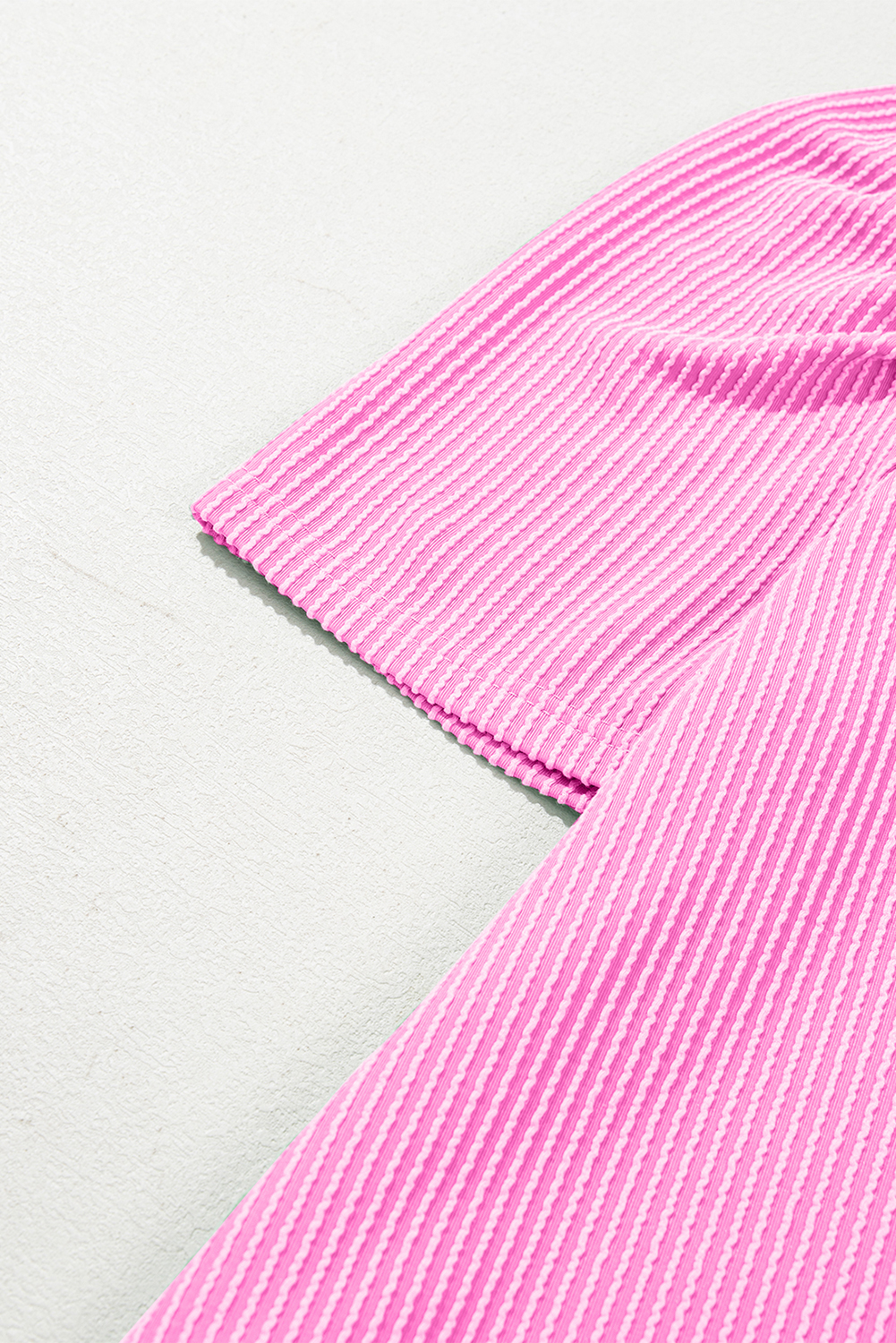Women's Bright Pink Corded Knit Crew Neck Puff Sleeve Shift Mini Dress - Detail View 13 Women's Bright Pink Corded Knit Crew Neck Puff Sleeve Shift Mini Dress - Detail View 13