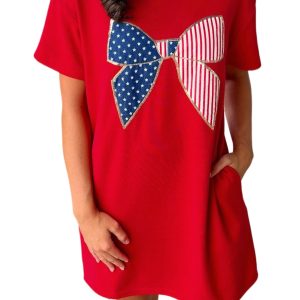 Fiery Red Sequin Trim Bow Patched T-Shirt Mini Dress for Trendy Summer Days - Main View