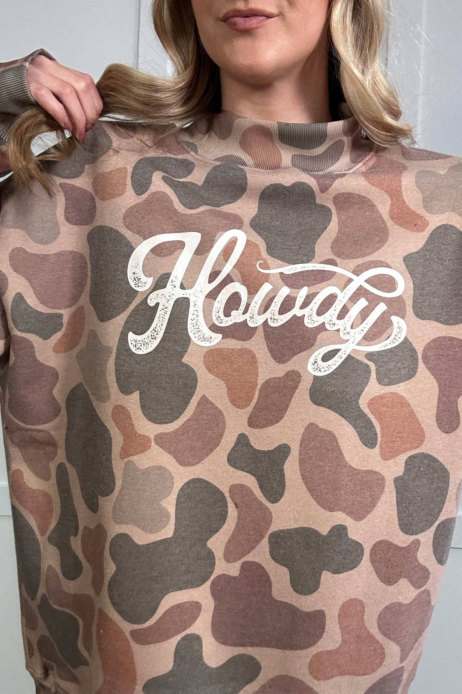 Women's Camo Howdy Graphic Sweatshirt – Long Sleeve Fall Top - Detail View 3 Women's Camo Howdy Graphic Sweatshirt – Long Sleeve Fall Top - Detail View 3