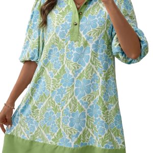 Women's Sky Blue Floral Mini Dress – Casual Half Sleeve Color Block Shirt Dress - Main View