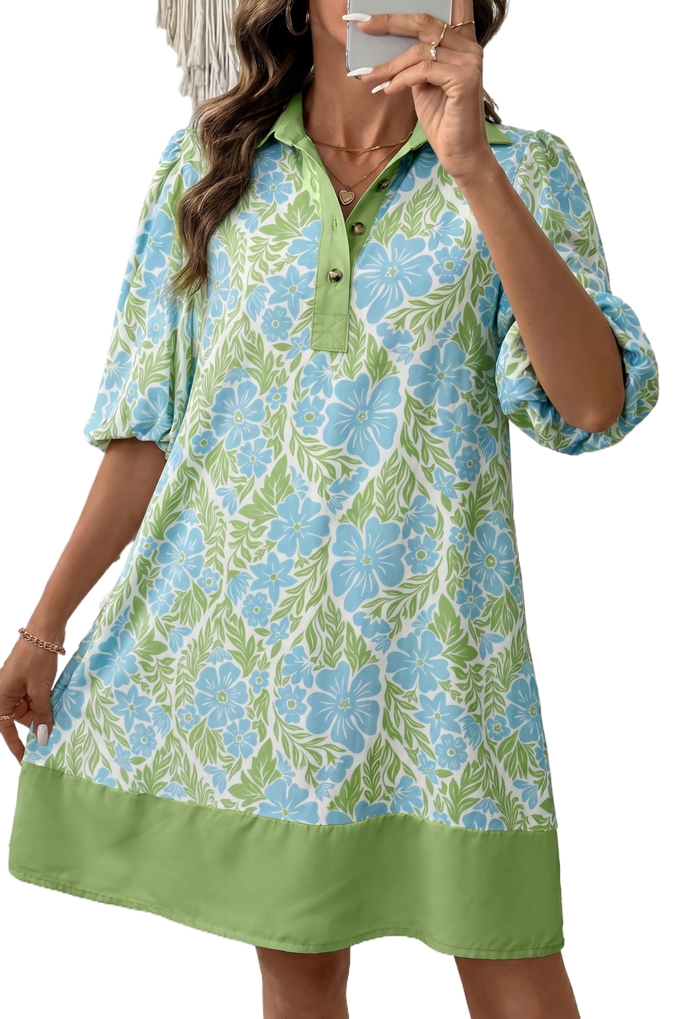 Women's Sky Blue Floral Mini Dress – Casual Half Sleeve Color Block Shirt Dress - Main View Women's Sky Blue Floral Mini Dress – Casual Half Sleeve Color Block Shirt Dress - Main View