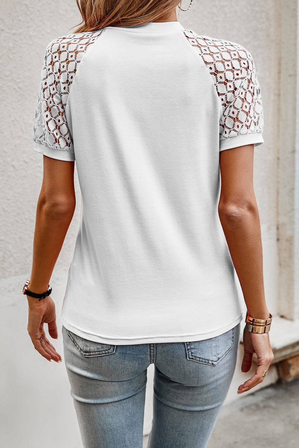 Stylish White Contrast Lace Raglan Tee for Women – Perfect for Daily Outings & Relaxed Looks - Detail View 2 Stylish White Contrast Lace Raglan Tee for Women – Perfect for Daily Outings & Relaxed Looks - Detail View 2
