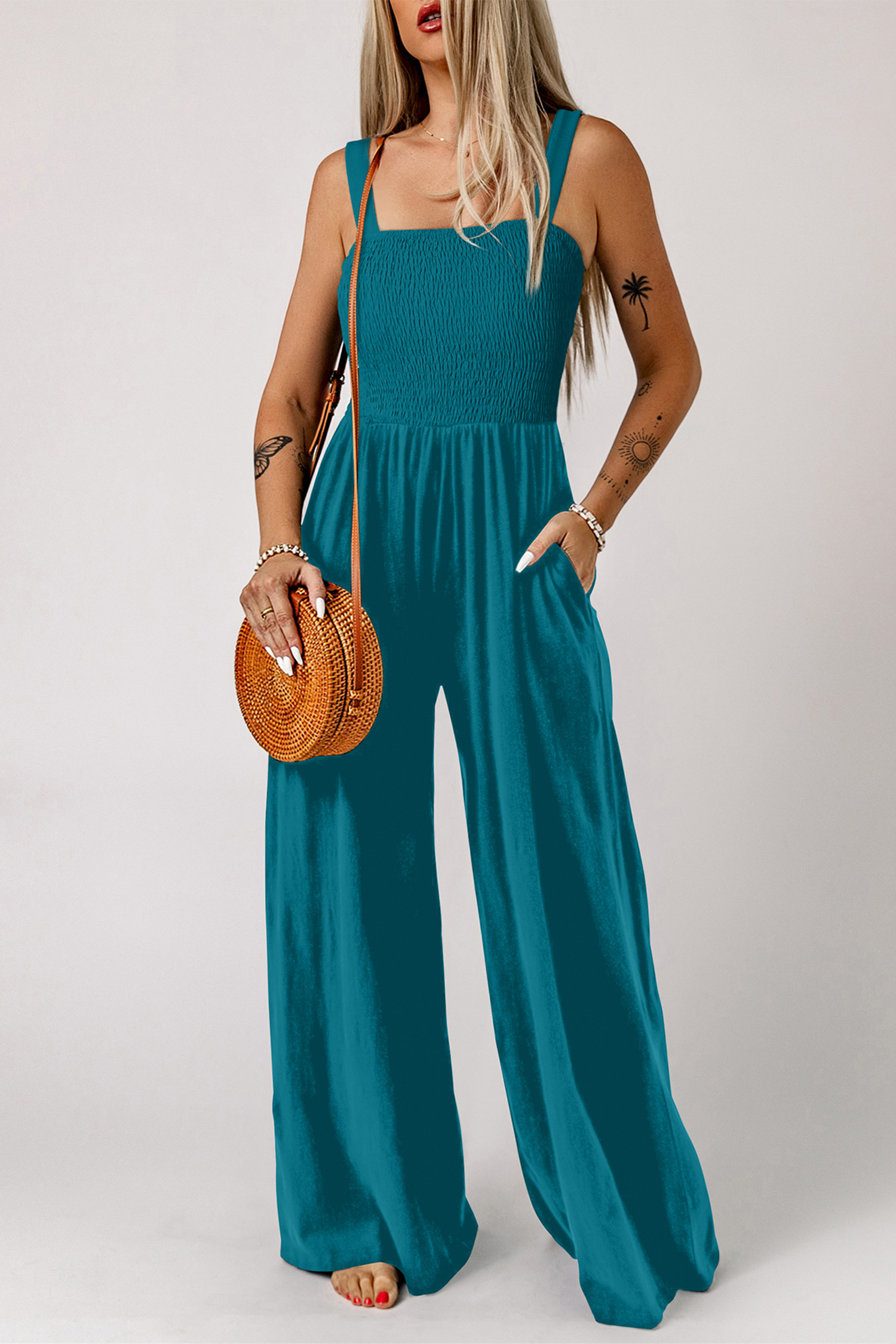 Chic Smocked Sleeveless Jumpsuit for Women – High Waist Peacock Blue Solid Color Romper, Summer Vacation Style - Detail View 5 Chic Smocked Sleeveless Jumpsuit for Women – High Waist Peacock Blue Solid Color Romper, Summer Vacation Style - Detail View 5