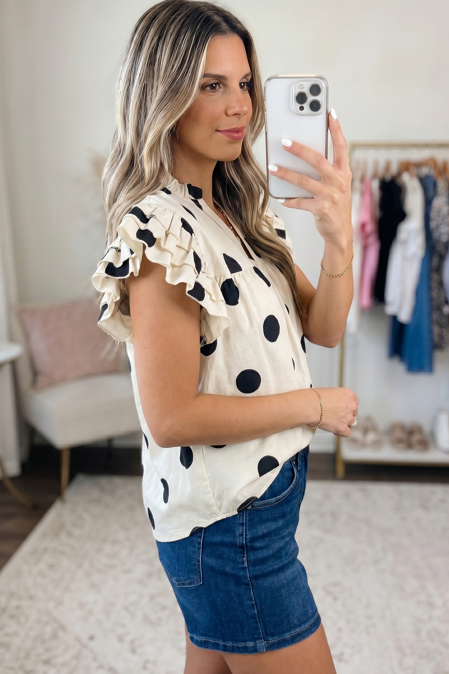Casual Women's V-Neck Polka Dot Top – Ruffle Sleeve Shift Blouse in Apricot, Lightweight Daily Wear - Detail View 2 Casual Women's V-Neck Polka Dot Top – Ruffle Sleeve Shift Blouse in Apricot, Lightweight Daily Wear - Detail View 2