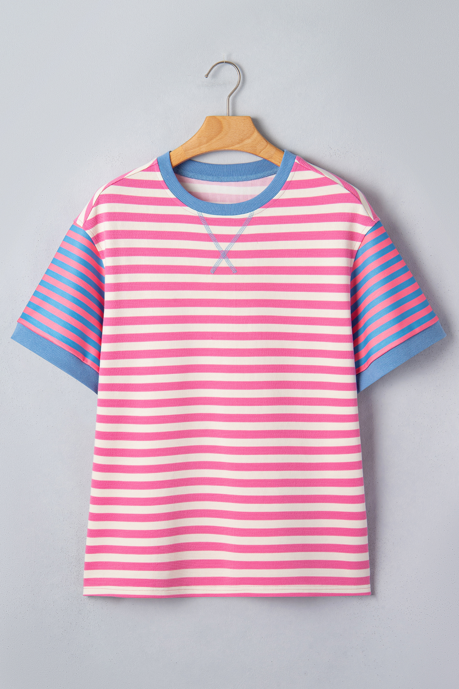 Women's Pink Stripe Short Sleeve Tee – Contrast Patchwork - Detail View 5 Women's Pink Stripe Short Sleeve Tee – Contrast Patchwork - Detail View 5