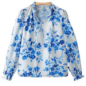 Women's Blue Floral Long Sleeve Lace-up V Neck Blouse for Casual Spring Outfits - Main View