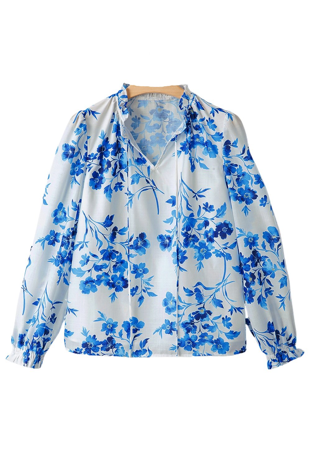 Women's Blue Floral Long Sleeve Lace-up V Neck Blouse for Casual Spring Outfits - Main View Women's Blue Floral Long Sleeve Lace-up V Neck Blouse for Casual Spring Outfits - Main View