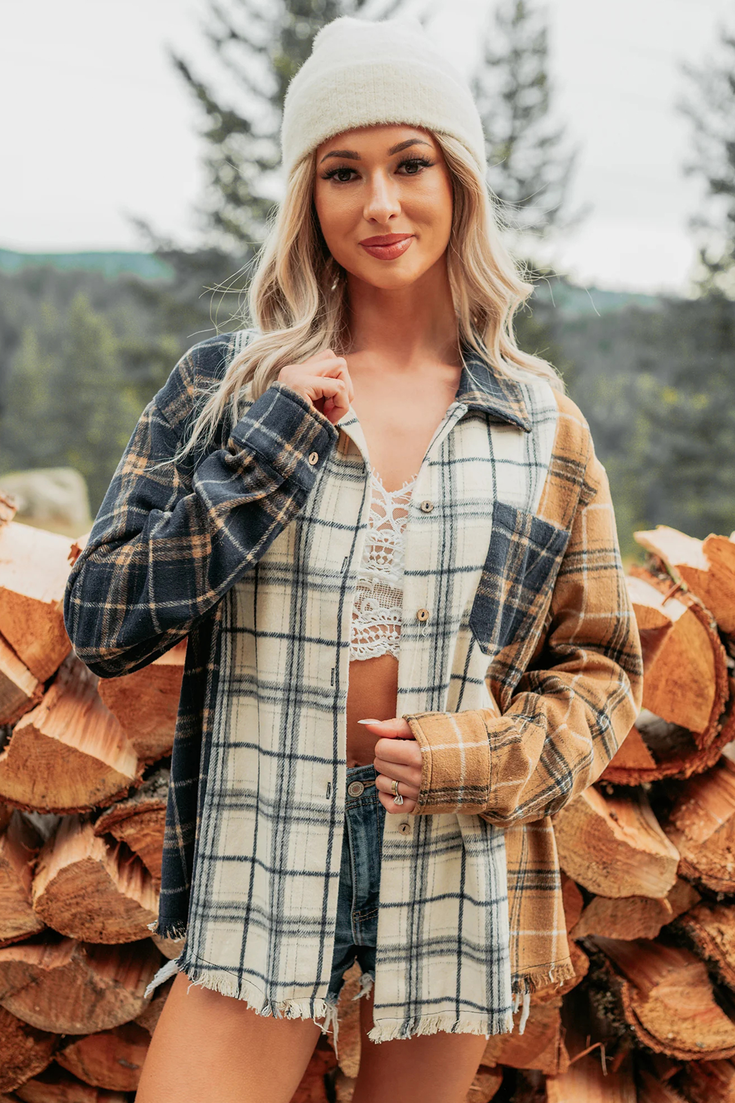 Multicolour Plaid Long Sleeve Shacket, Relaxed Fall Layering - Detail View 14 Multicolour Plaid Long Sleeve Shacket, Relaxed Fall Layering - Detail View 14