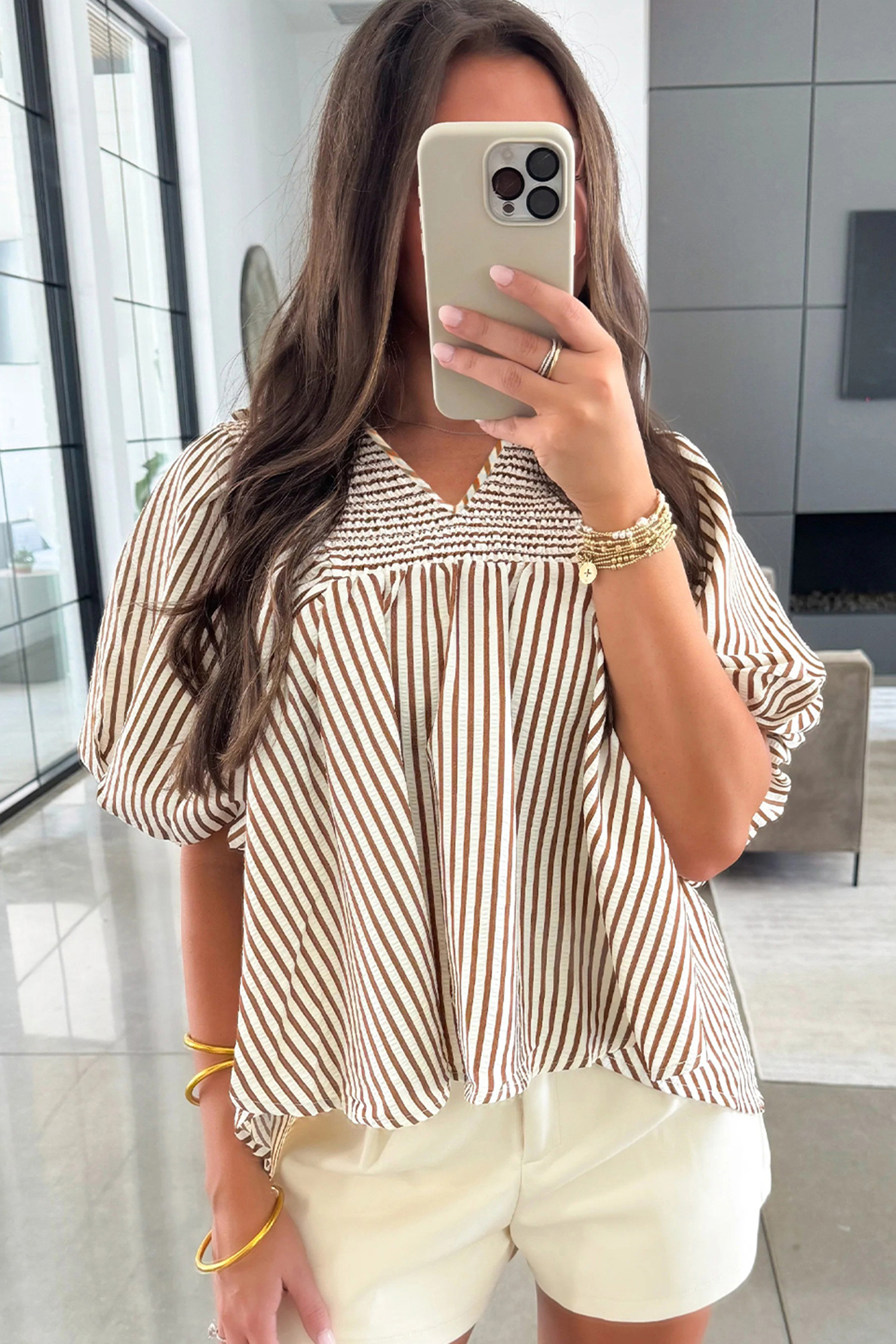 Elevate Your Summer Wardrobe: Women's Brown Stripe V Neck Blouse with Shirred Detail - Detail View 6 Elevate Your Summer Wardrobe: Women's Brown Stripe V Neck Blouse with Shirred Detail - Detail View 6