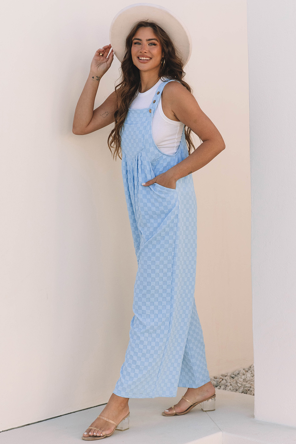 Casual Checkered Overall, High Waist Wide Leg Women's Romper - Detail View 5 Casual Checkered Overall, High Waist Wide Leg Women's Romper - Detail View 5