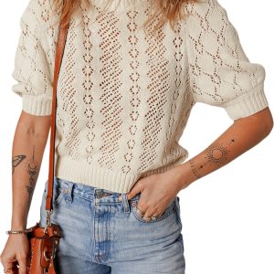 Chic Women's Beige Hollowed Pattern Knit Short Puff Sleeve Sweater - Main View