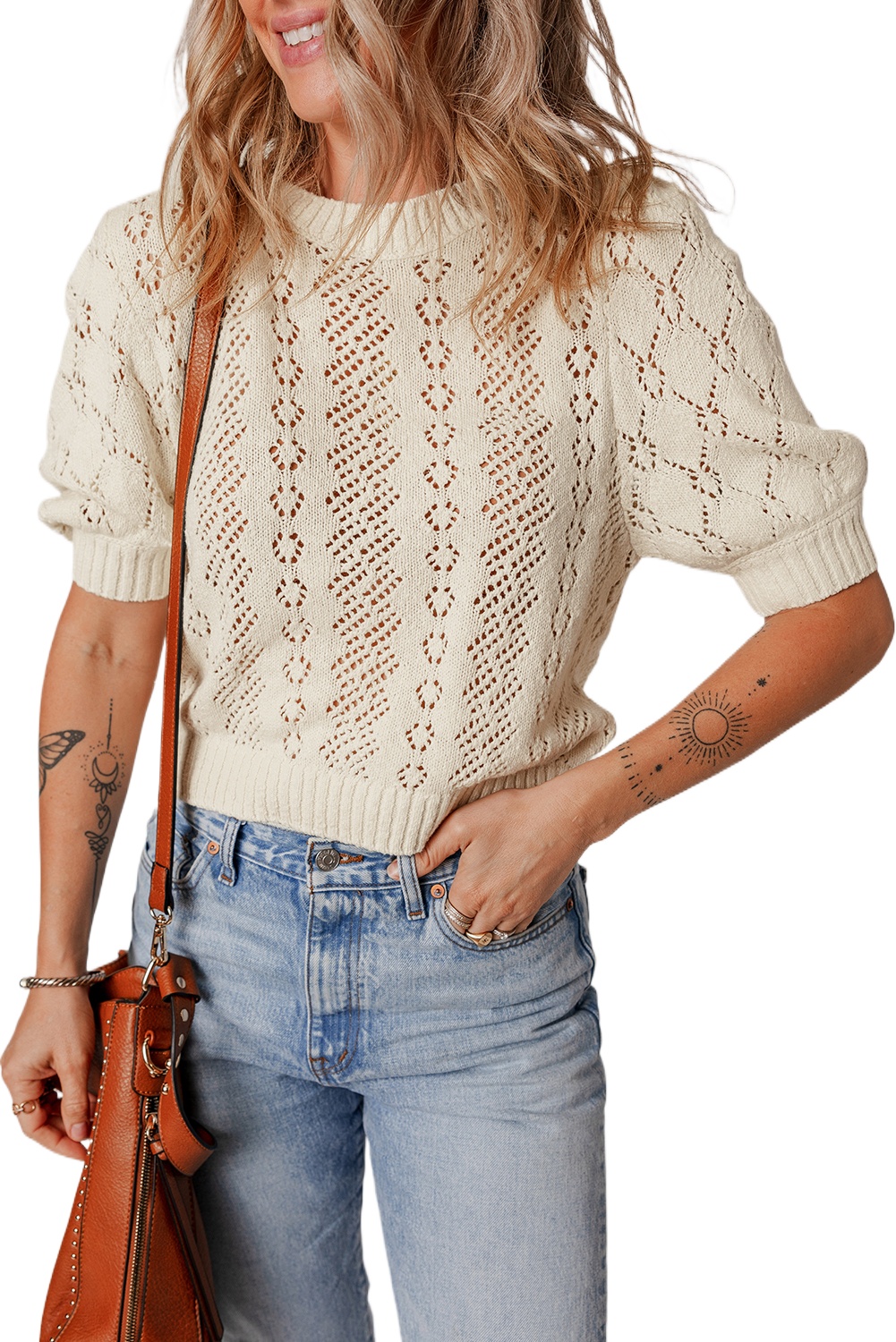 Chic Women's Beige Hollowed Pattern Knit Short Puff Sleeve Sweater - Main View Chic Women's Beige Hollowed Pattern Knit Short Puff Sleeve Sweater - Main View