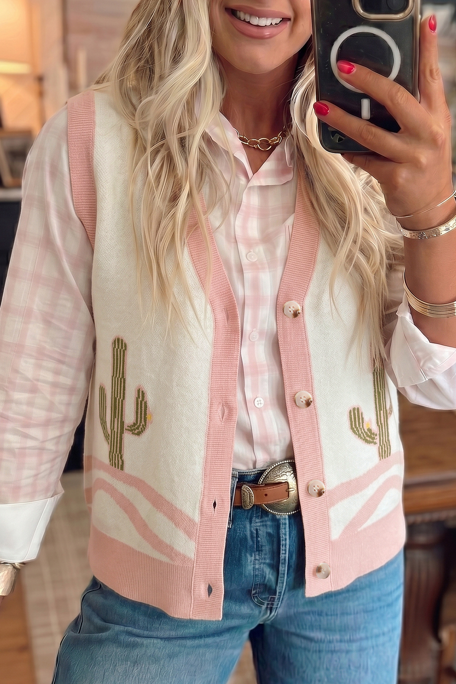 Western Style Cactus Sweater Vest, Sleeveless Knit Layering - Detail View 11 Western Style Cactus Sweater Vest, Sleeveless Knit Layering - Detail View 11