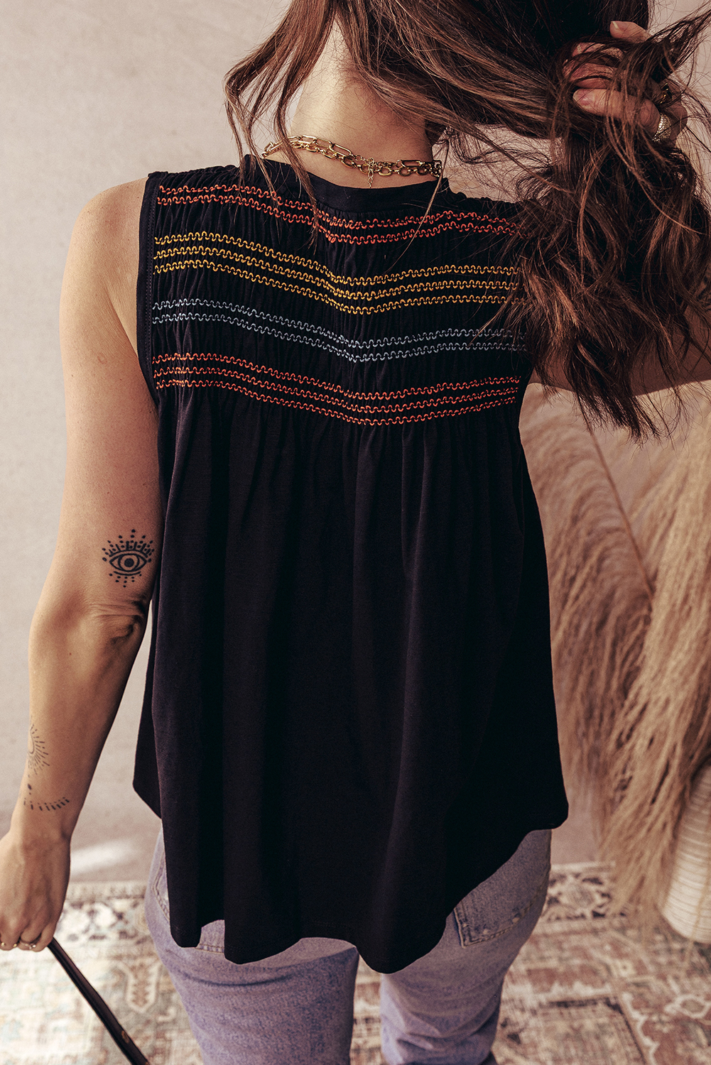 Chic and Unique Sleeveless Black Tank Top with Colorful Detail and Notched V Neck - Detail View 2 Chic and Unique Sleeveless Black Tank Top with Colorful Detail and Notched V Neck - Detail View 2