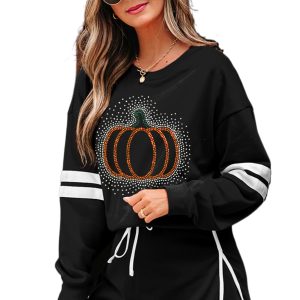 Women's Pumpkin Rhinestone Set, Casual Varsity Skort Outfit - Main View