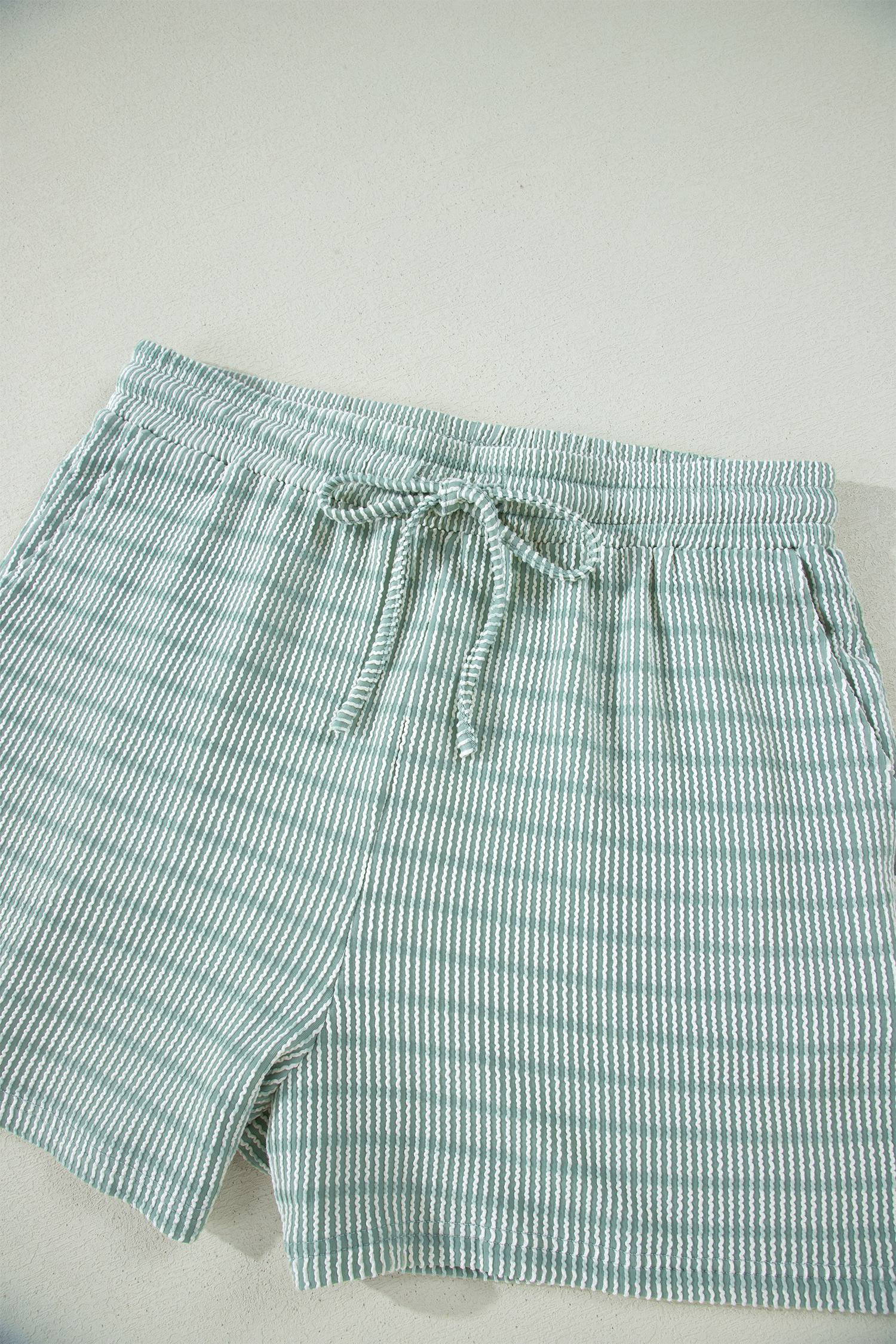 Women's Ribbed Knit 2-Piece Outfit – Green Striped Tee and Drawstring Shorts Set, Thoughtful Gift for Her - Detail View 12 Women's Ribbed Knit 2-Piece Outfit – Green Striped Tee and Drawstring Shorts Set, Thoughtful Gift for Her - Detail View 12