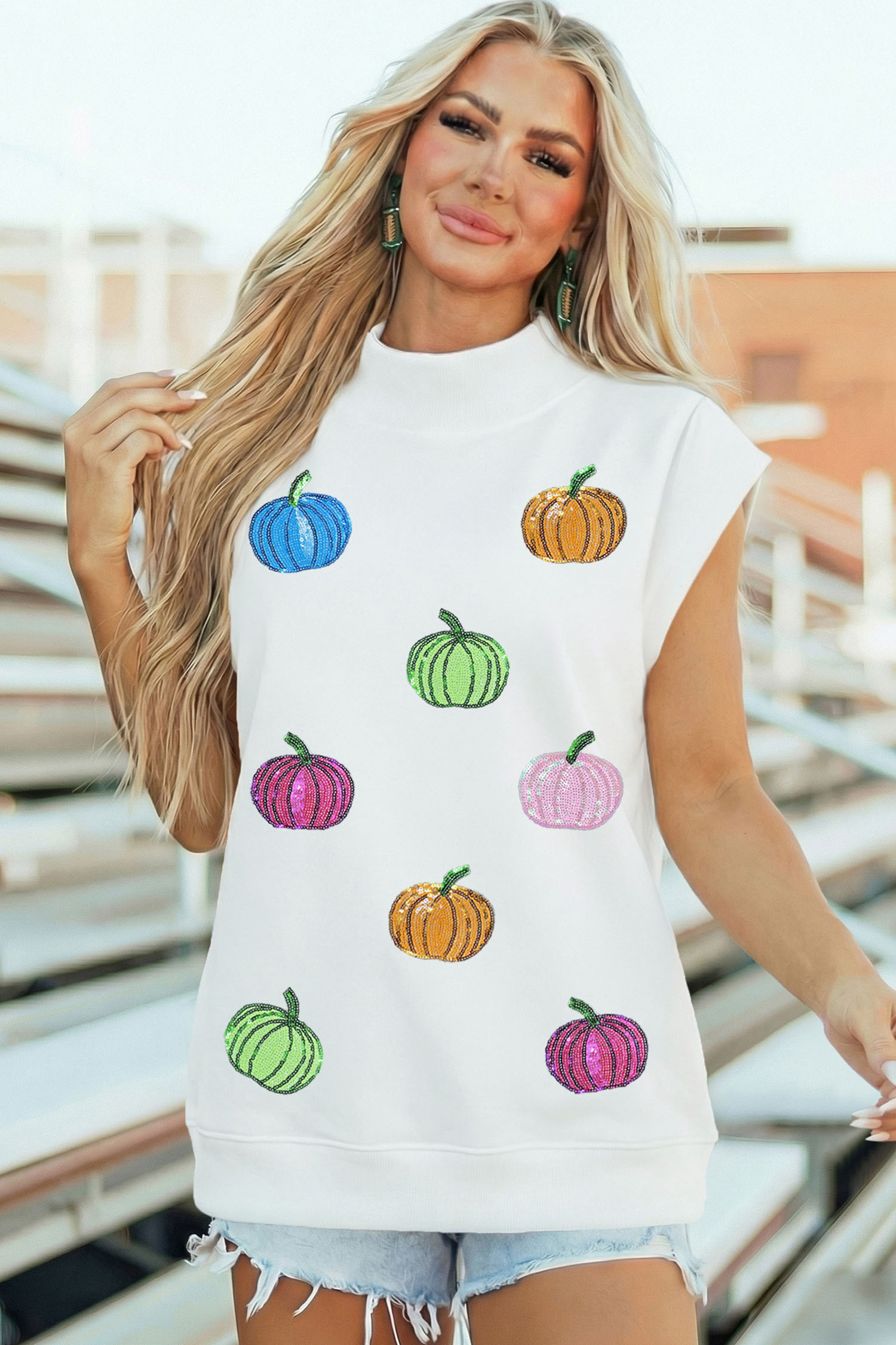 Graphic Pumpkin Sequin Blouse, Trendy Short Sleeve Fall Top - Detail View 11 Graphic Pumpkin Sequin Blouse, Trendy Short Sleeve Fall Top - Detail View 11