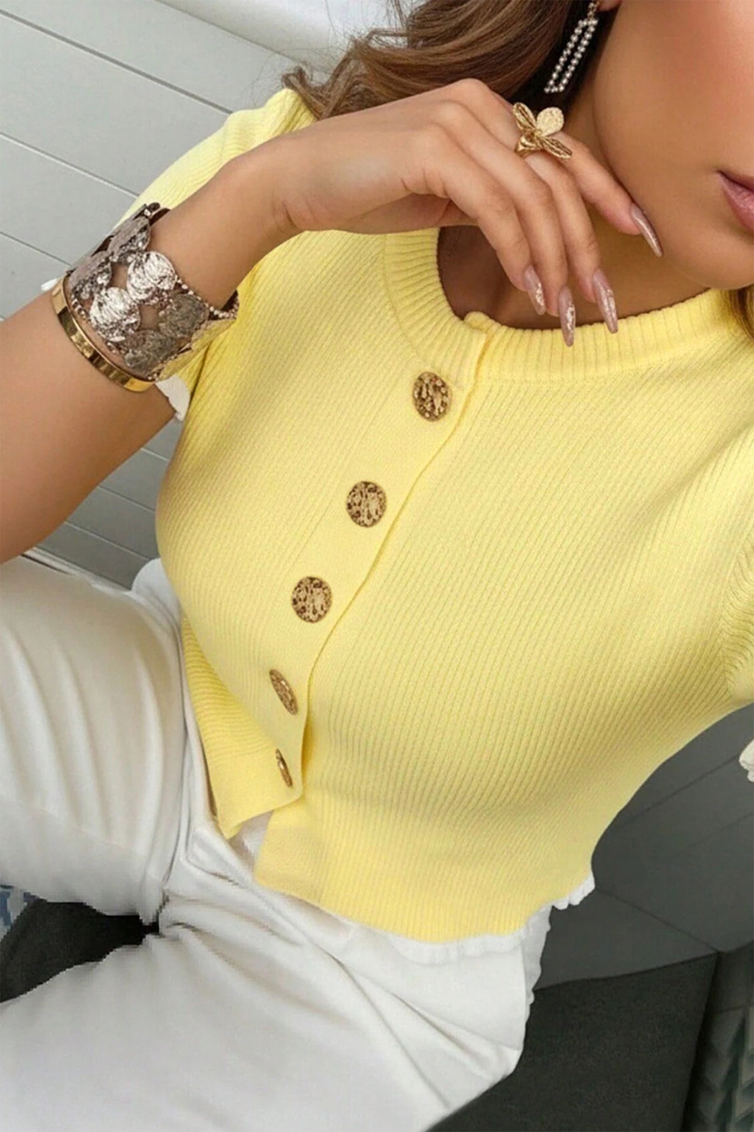 Women's Short Sleeve Cardigan – Knit Button Up Summer Gift - Detail View 3 Women's Short Sleeve Cardigan – Knit Button Up Summer Gift - Detail View 3