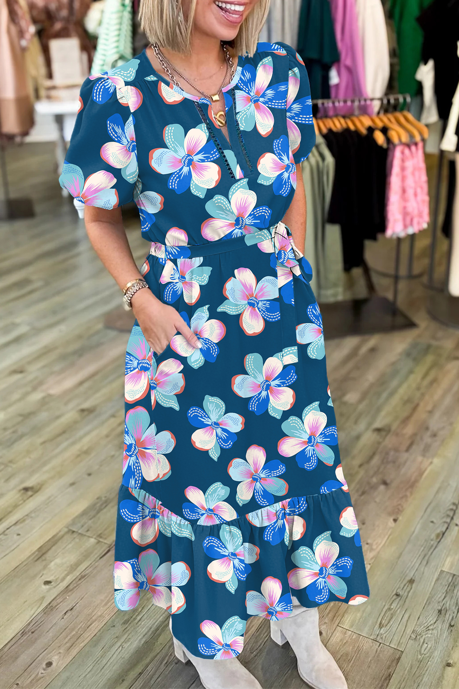 Chic Blue Floral Belted Dress with Puff Sleeves – Perfect for Graduations and Daily Wear - Detail View 2 Chic Blue Floral Belted Dress with Puff Sleeves – Perfect for Graduations and Daily Wear - Detail View 2