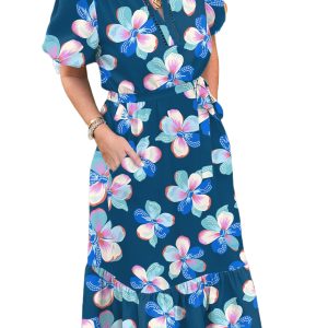 Women's Blue Floral Print Long Dress – Elegant Puff Sleeve Ruffle Hem for Summer Occasions - Main View