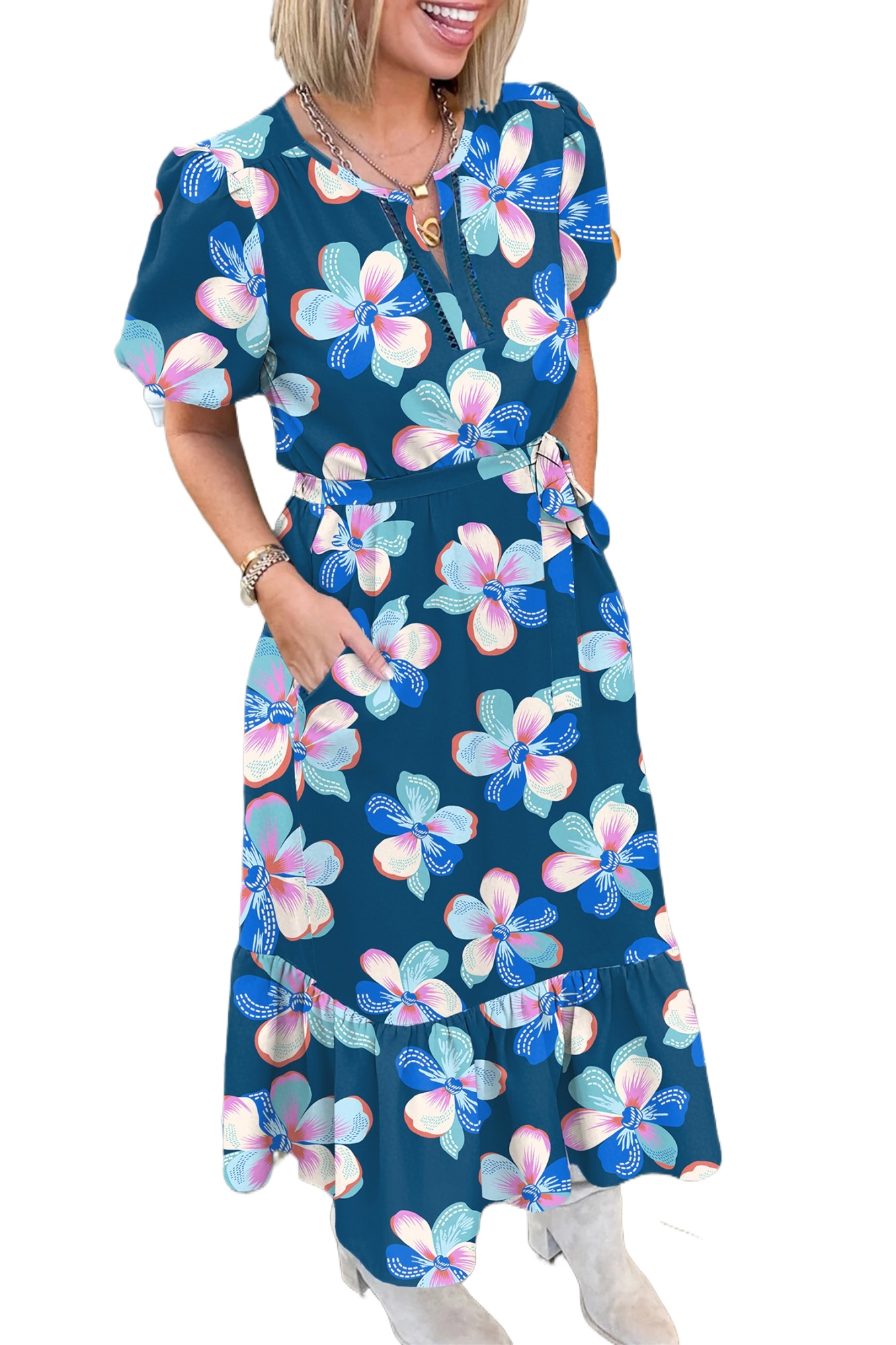 Women's Blue Floral Print Long Dress – Elegant Puff Sleeve Ruffle Hem for Summer Occasions - Main View Women's Blue Floral Print Long Dress – Elegant Puff Sleeve Ruffle Hem for Summer Occasions - Main View
