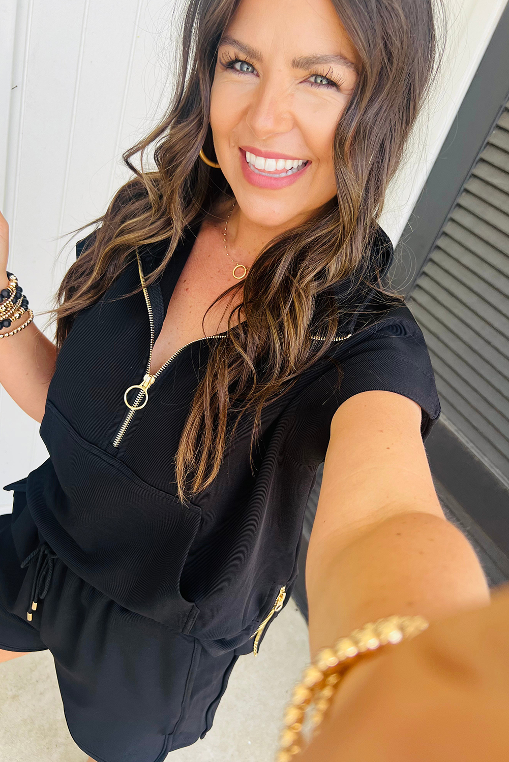 Casual Two-Piece Set: Black Textured Knit Top with Kangaroo Pocket & Shorts - Detail View 2 Casual Two-Piece Set: Black Textured Knit Top with Kangaroo Pocket & Shorts - Detail View 2