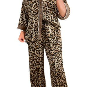 Women's Brown Leopard Print Collared Shirt and Wide-Leg Pants Set – Casual Two-Piece Outfit for Daily Wear - Main View