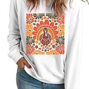 Cozy White Thanksgiving Turkey Graphic Crew Neck Sweatshirt for Women – Ideal Fall Casual Wear - Main View