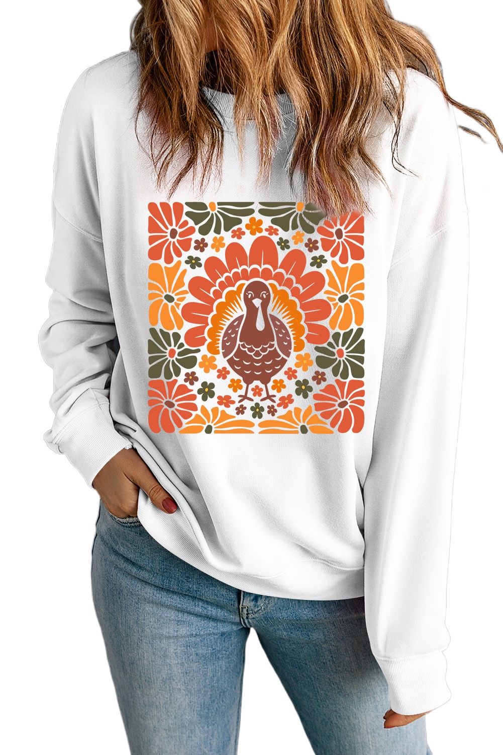 Cozy White Thanksgiving Turkey Graphic Crew Neck Sweatshirt for Women – Ideal Fall Casual Wear - Main View Cozy White Thanksgiving Turkey Graphic Crew Neck Sweatshirt for Women – Ideal Fall Casual Wear - Main View