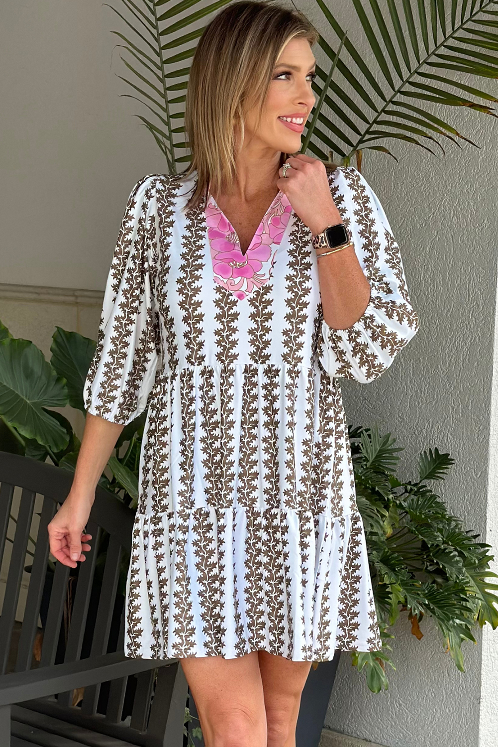 Stylish Floral Print V Neck Dress with Bracelet Sleeves - Perfect for Summer - Detail View 2 Stylish Floral Print V Neck Dress with Bracelet Sleeves - Perfect for Summer - Detail View 2