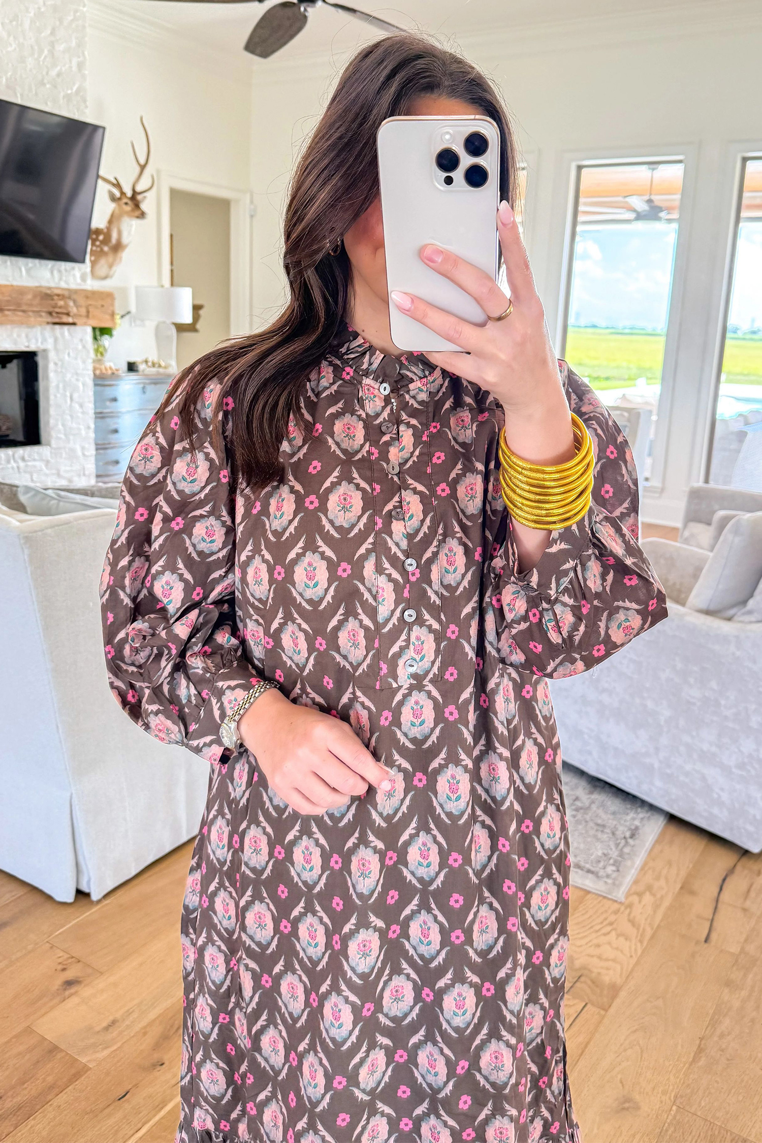 Brown A Line Midi Dress, Floral Bracelet Sleeve Fall Outfit - Detail View 6 Brown A Line Midi Dress, Floral Bracelet Sleeve Fall Outfit - Detail View 6