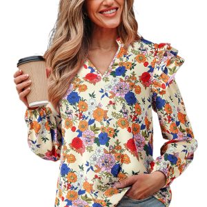 Women's Apricot Floral Blouse with Ruffled Shoulders - Long Sleeve V Neck Top - Main View