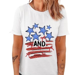 Women's White Stars and Stripes Bow Graphic T-Shirt - Patriotic Summer Tee - Main View